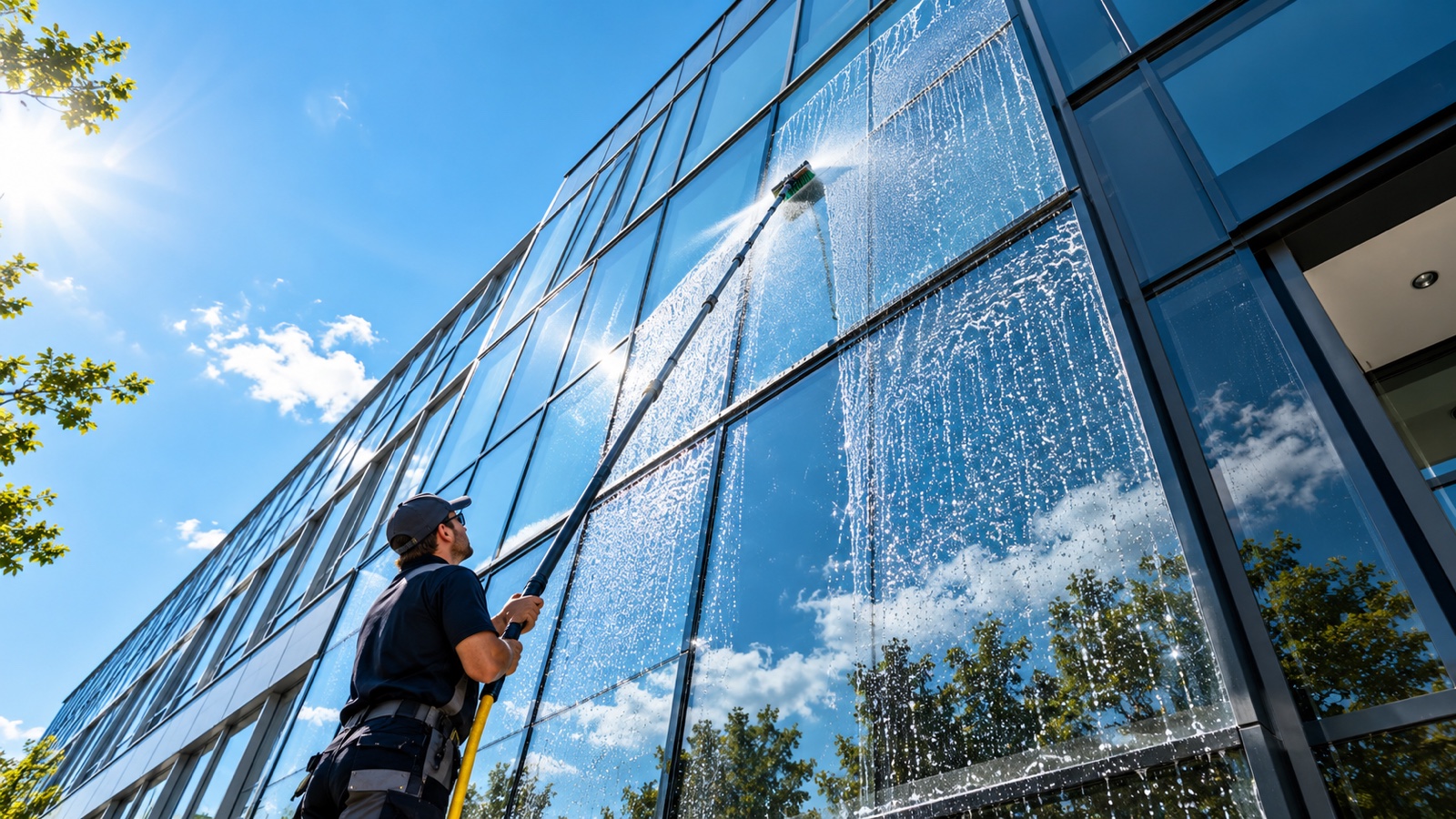 Professionelle Fensterreinigung einer Glasfassade mit Teleskopstange