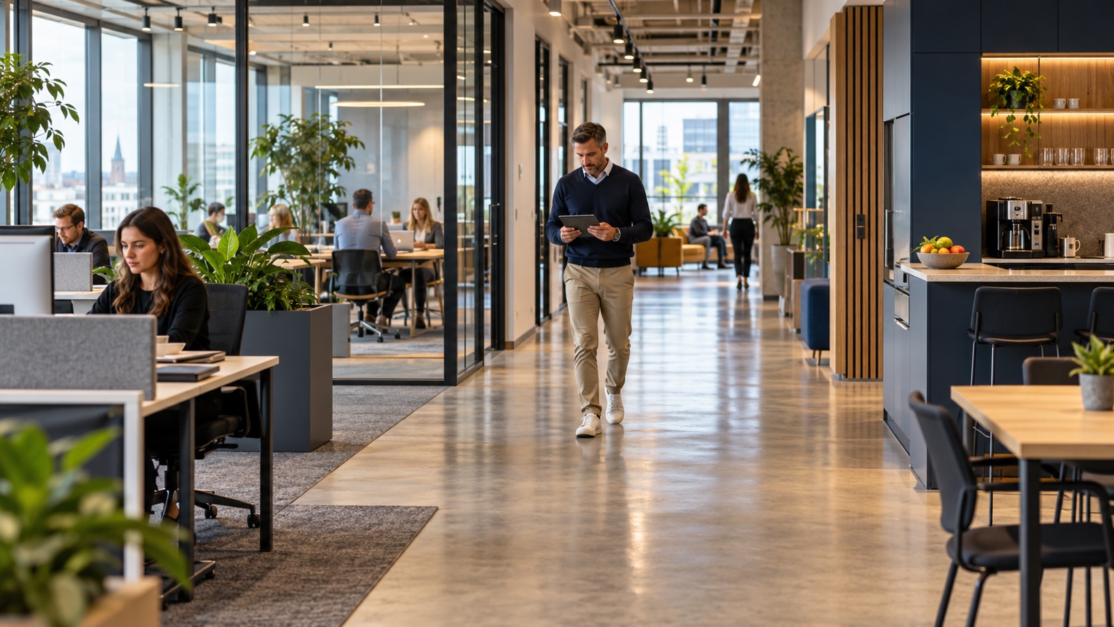 Reinigungskraft prüft den Reinigungsplan für ein Büro